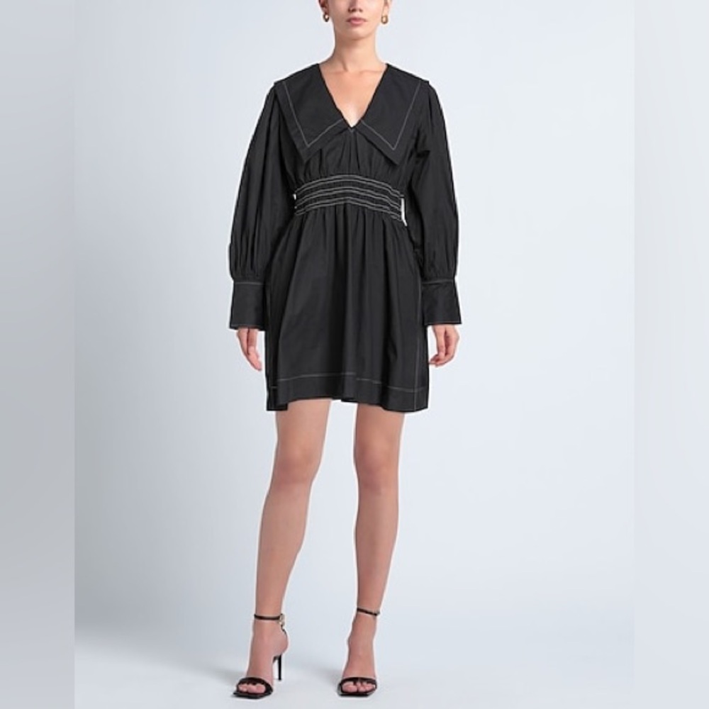 Ganni organic cotton dress poplin black dress mini collared peter pan collar